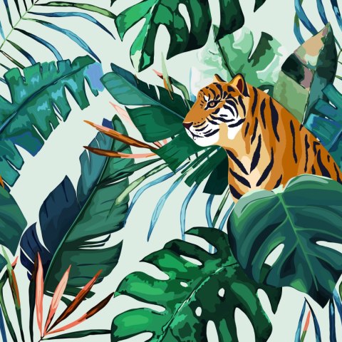 Tapeta Tygrysy I Liście Tropikalne
