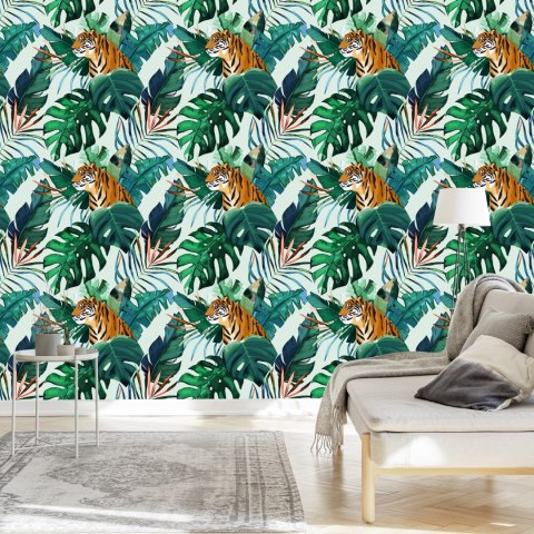 Tapeta Tygrysy I Liście Tropikalne