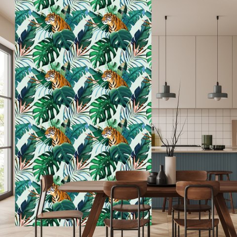 Tapeta Tygrysy I Liście Tropikalne