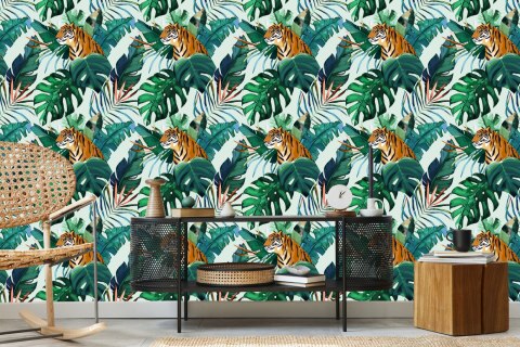 Tapeta Tygrysy I Liście Tropikalne