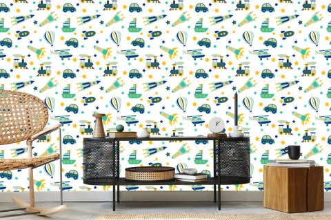 Tapeta Do Pokoju Dziecka Helikoptery, Auta, Balony