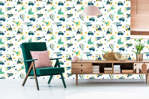 Tapeta Do Pokoju Dziecka Helikoptery, Auta, Balony