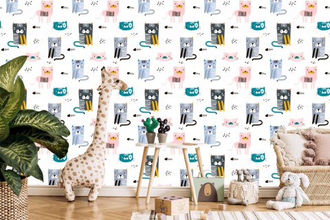 Tapeta Dla Dzieci - Kolorowe Kotki - Styl Skandynawski