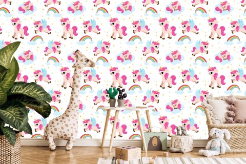 Tapeta Dla Dzieci - Jednorożce Na Tle Gwiazd I Tęczy