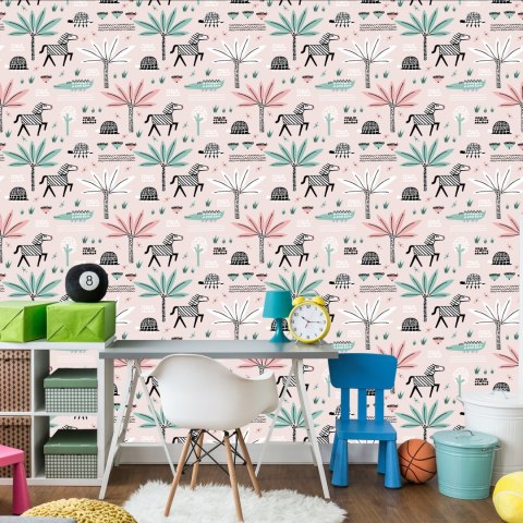 Tapeta Dla Dziewczynki Pastelowe Zwierzątka, Palmy