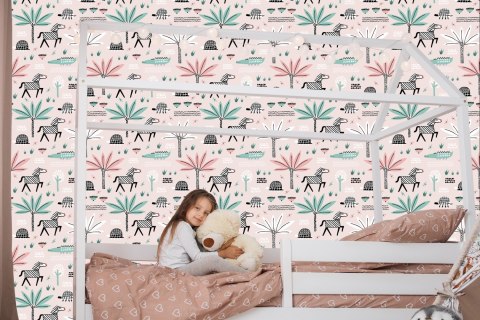 Tapeta Dla Dziewczynki Pastelowe Zwierzątka, Palmy