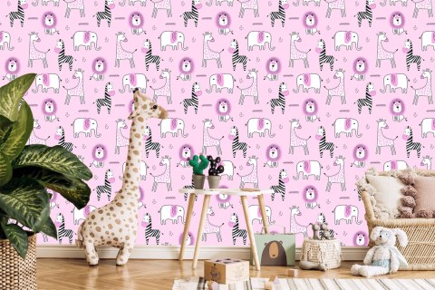 Tapeta Dla Dziewczynki W Zwierzątka, Lwy, Żyrafy