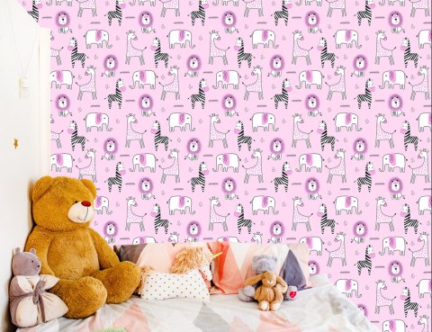 Tapeta Dla Dziewczynki W Zwierzątka, Lwy, Żyrafy