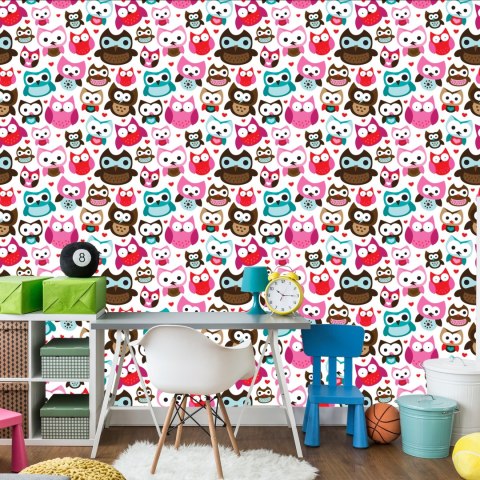 Tapeta Do Pokoju Dziewczynek Kolorowe Sowy Serca