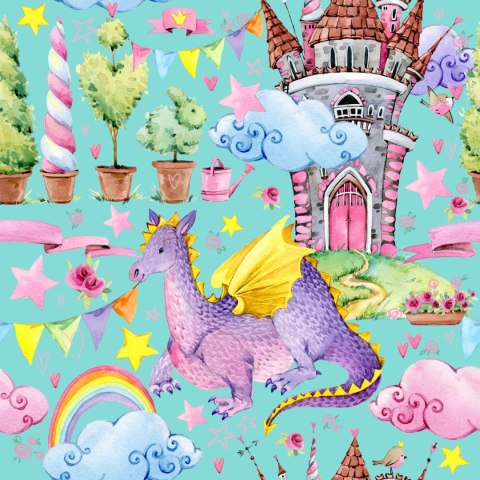 Tapeta Bajkowa Smoki Kwiaty Tęcza, Pokój Dziecięcy