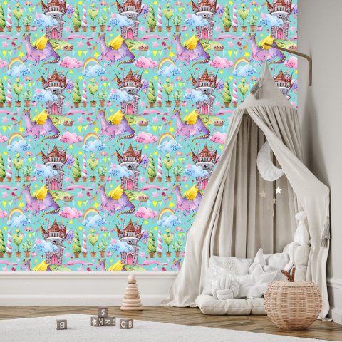 Tapeta Bajkowa Smoki Kwiaty Tęcza, Pokój Dziecięcy