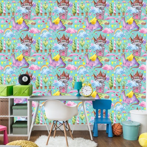 Tapeta Bajkowa Smoki Kwiaty Tęcza, Pokój Dziecięcy