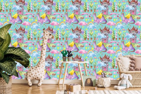 Tapeta Bajkowa Smoki Kwiaty Tęcza, Pokój Dziecięcy