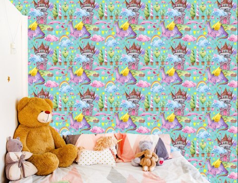 Tapeta Bajkowa Smoki Kwiaty Tęcza, Pokój Dziecięcy