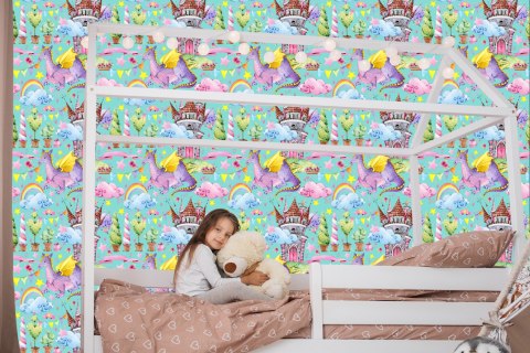 Tapeta Bajkowa Smoki Kwiaty Tęcza, Pokój Dziecięcy