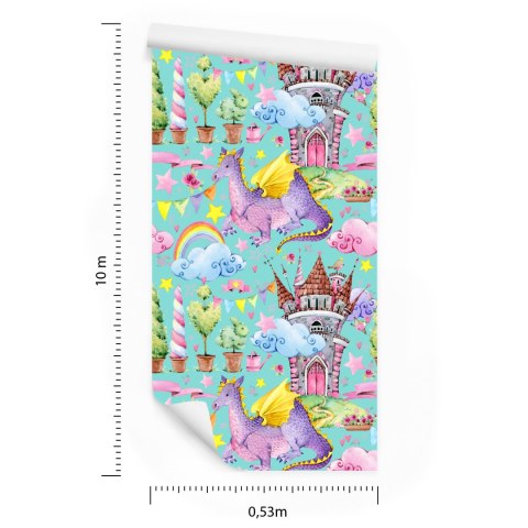 Tapeta Bajkowa Smoki Kwiaty Tęcza, Pokój Dziecięcy