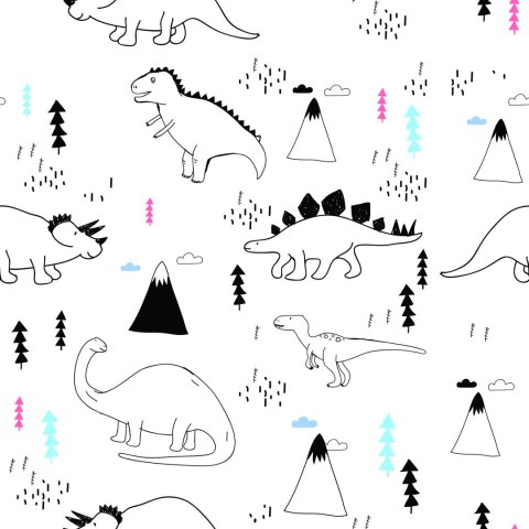 Tapeta Dla Dzieci, Dinozaury, Chmury, Góry, Drzewa