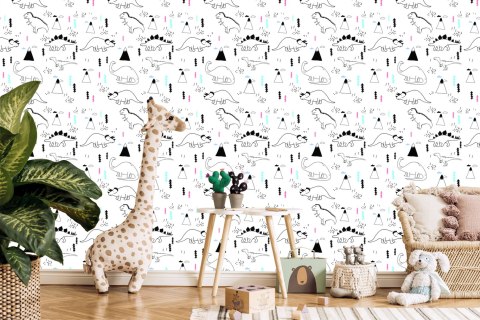 Tapeta Dla Dzieci, Dinozaury, Chmury, Góry, Drzewa