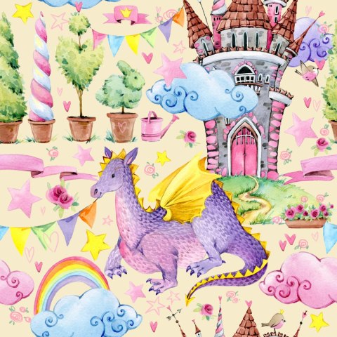 Tapeta Dla Dzieci, Smoki, Chmury, Tęcza, Gwiazdy