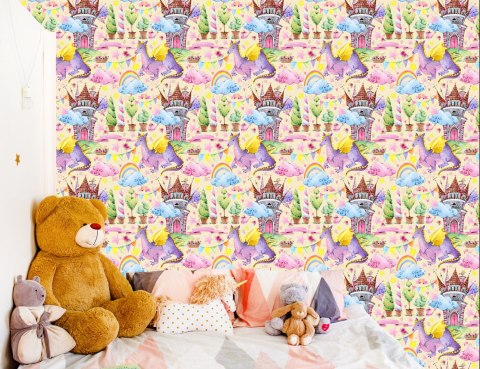 Tapeta Dla Dzieci, Smoki, Chmury, Tęcza, Gwiazdy