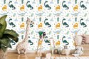 Tapeta Do Pokoju Dziecka Dinozaury, Liście, Kwiaty