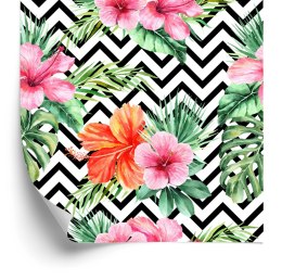 Tapeta Egzotyczne Liście I Kwiaty Na Czarno - Białym Tle