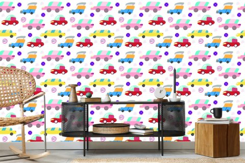 Tapeta Dla Dzieci - Kolorowe Samochodziki W Stylu Skandynawskim