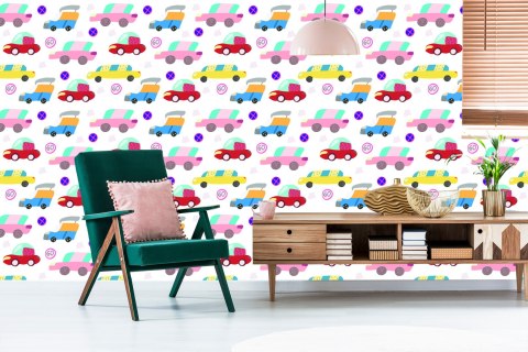 Tapeta Dla Dzieci - Kolorowe Samochodziki W Stylu Skandynawskim