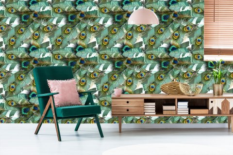 Tapeta Liście I Pawie Pióra