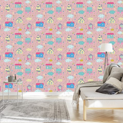 Tapeta Dla Dzieci - Domy Wśród Chmur I Gwiazd