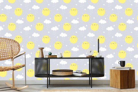 Tapeta Dla Dzieci - Słoneczka I Deszczowe Chmurki