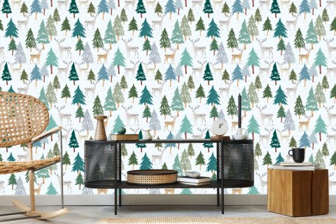 Tapeta Drzewa Zieleń Zwierzęta Las Pokój Dziecięcy