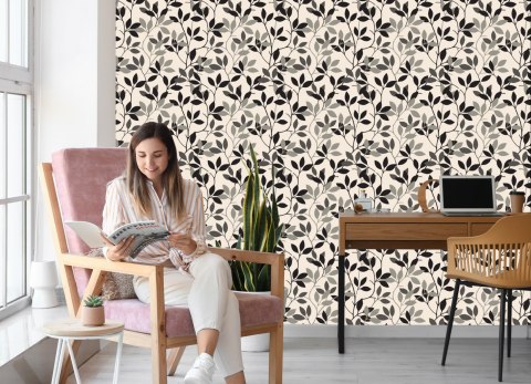 Tapeta Retro - Liście W Odcieniach Szarości