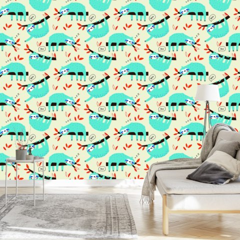 Tapeta Dla Dzieci Leniwce Liście Styl Skandynawski