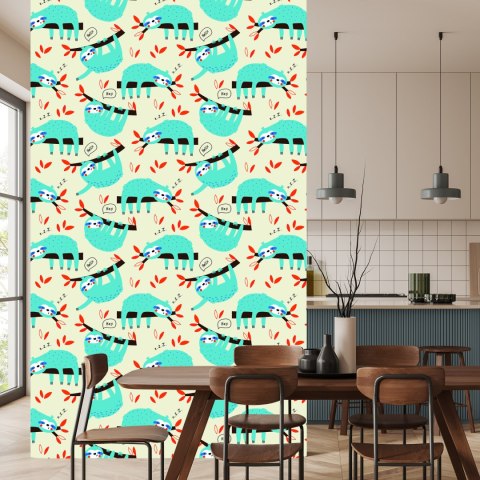 Tapeta Dla Dzieci Leniwce Liście Styl Skandynawski