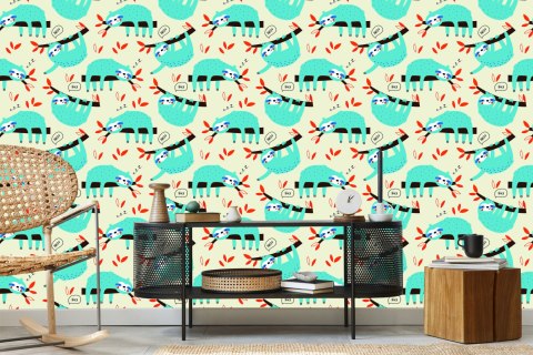 Tapeta Dla Dzieci Leniwce Liście Styl Skandynawski