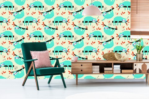 Tapeta Dla Dzieci Leniwce Liście Styl Skandynawski