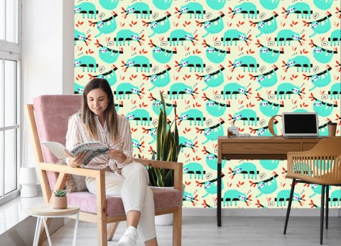 Tapeta Dla Dzieci Leniwce Liście Styl Skandynawski