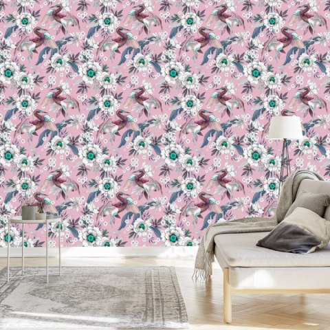 Tapeta - Kolorowe Ptaki I Kwiaty