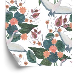 Tapeta - Latające Żurawie I Kwiaty