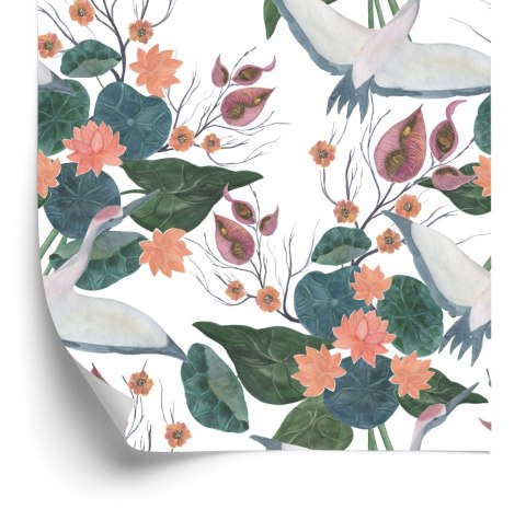 Tapeta - Latające Żurawie I Kwiaty