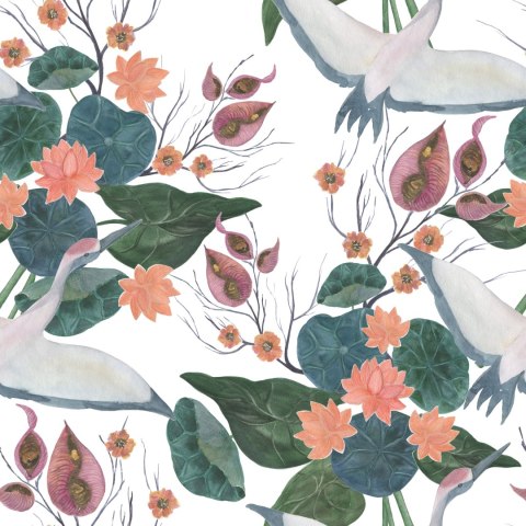 Tapeta - Latające Żurawie I Kwiaty