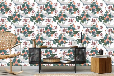 Tapeta - Latające Żurawie I Kwiaty