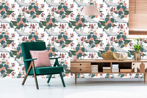 Tapeta - Latające Żurawie I Kwiaty