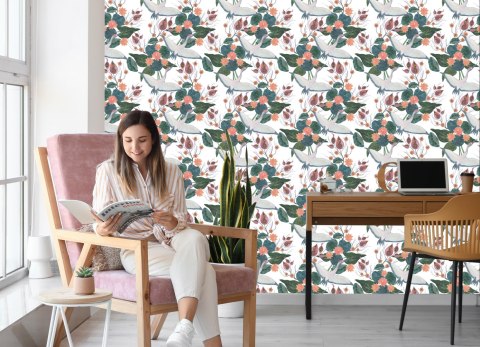 Tapeta - Latające Żurawie I Kwiaty