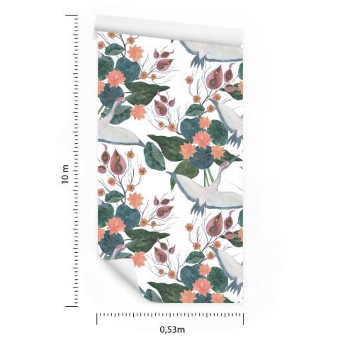 Tapeta - Latające Żurawie I Kwiaty