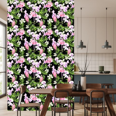 Tapeta Do Salonu, Flamingi, Kwiaty, Liście, Zieleń
