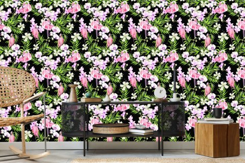 Tapeta Do Salonu, Flamingi, Kwiaty, Liście, Zieleń
