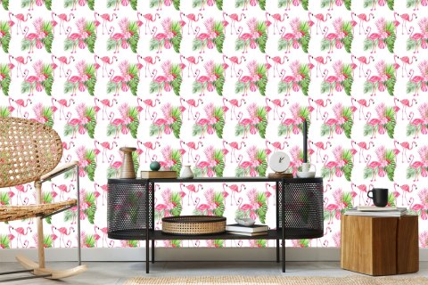 Tapeta Do Salonu, Flamingi, Kwiaty, Zieleń