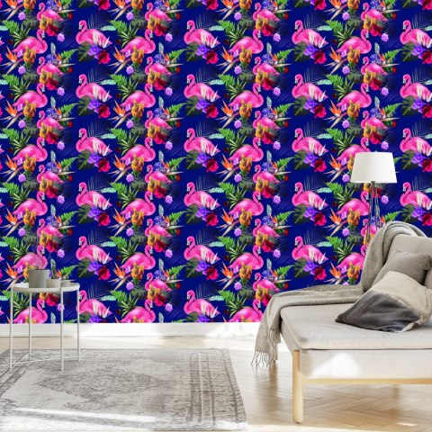 Tapeta Do Salonu, Ptaki, Flamingi, Kwiaty, Rośliny